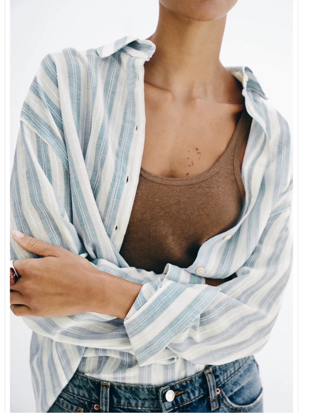 ZARA Striped Linen-Blend Button-Up Shirt in Light Blue & White - Picture 6 of 7